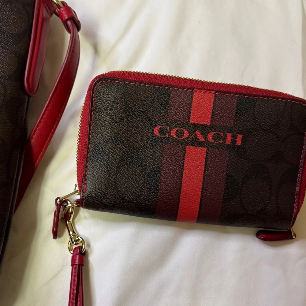 Coach Signature Monogram Crossbody Bag and Wallet Set Brown Red Stripe‎ - Picture 10 of 13